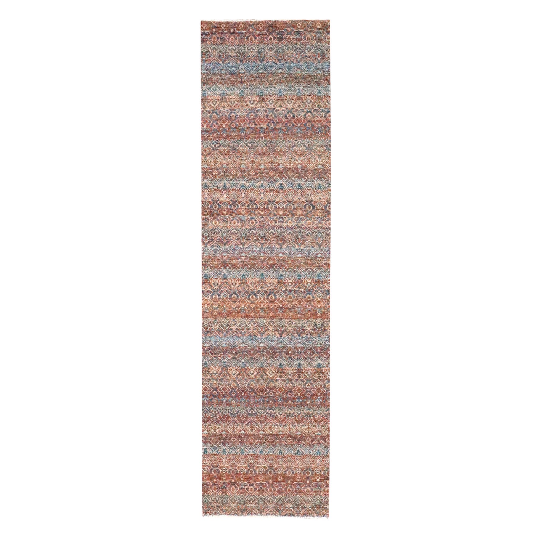 2'7"x10' Summer Fig Red, Kohinoor Herat with Small Geometric Repetitive Diamond Pattern, Tone on Tone, Soft and Shiny Wool, Hand Knotted, Runner, Oriental Rug 